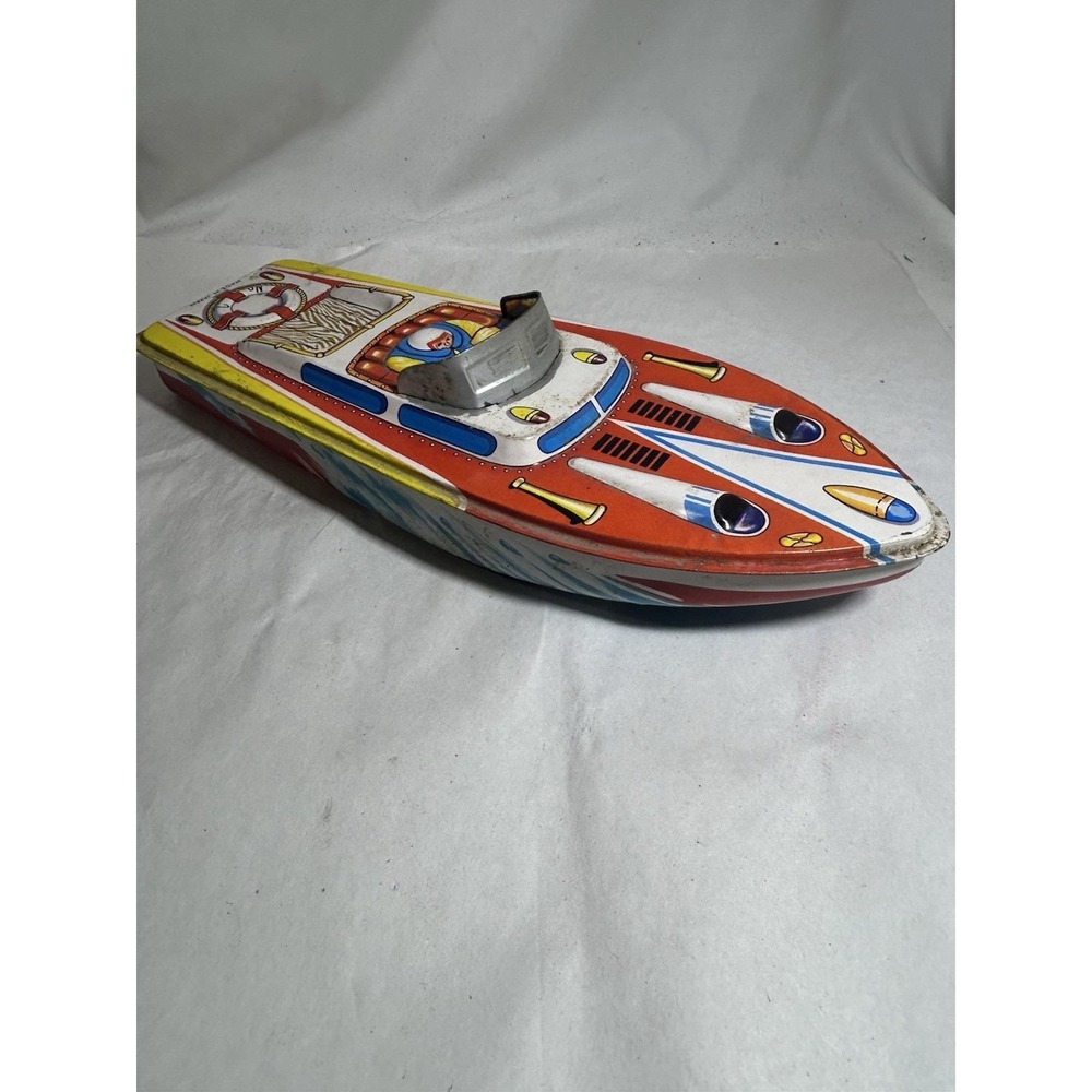 Vintage Tin Litho Speed Boat Made Japan Large Collectible Display Mancave